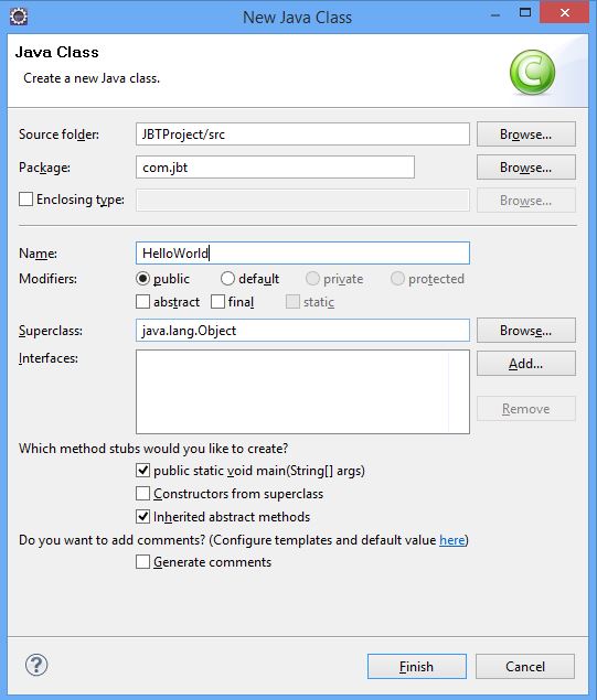 how to write hello world program in java using eclipse